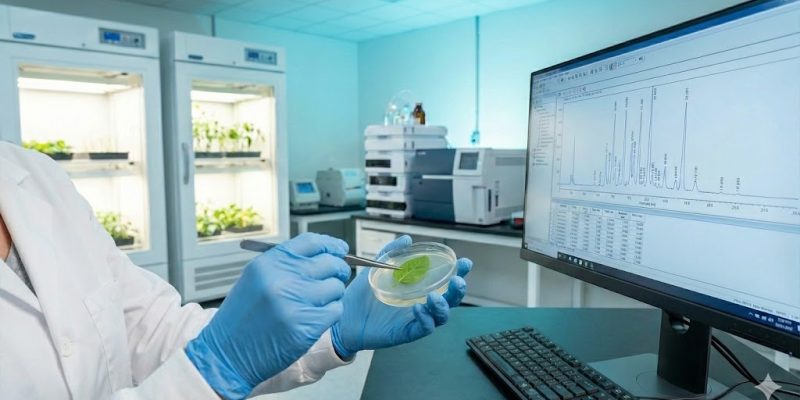 Laboratory technician performing identity and pesticide testing on botanical raw materials.
