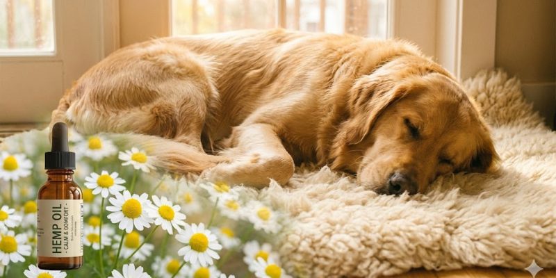 Sleeping dog resting peacefully thanks to natural chamomile and hemp calming supplements.