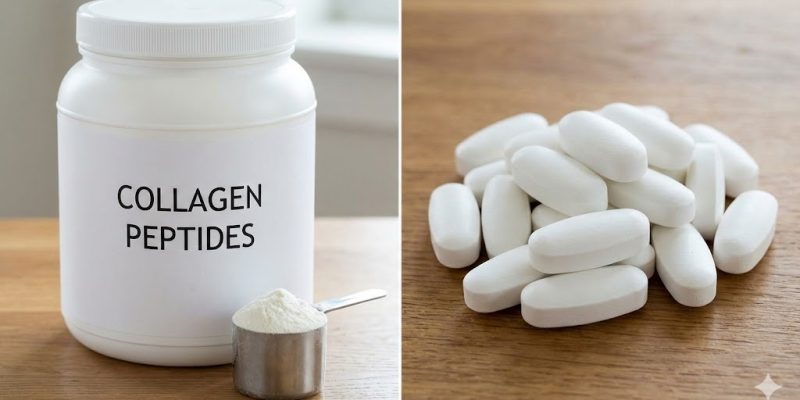 Private label collagen powder tub and high-dose glucosamine joint support tablets.