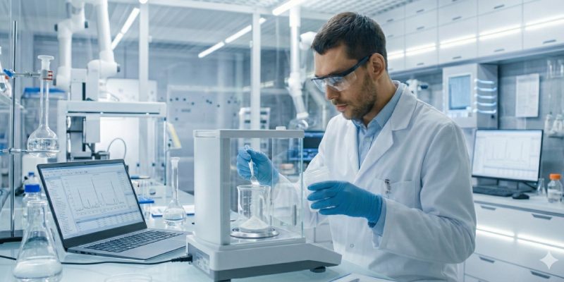 A research scientist developing a custom vitamin formula in a GMP-certified laboratory for private label supplement production