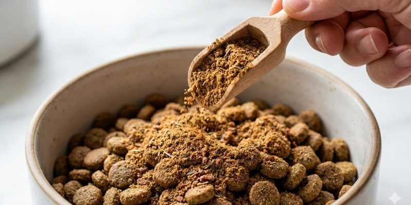Savory probiotic meal topper powder being sprinkled on dog food.