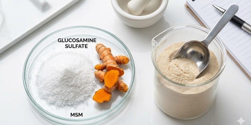 Core joint health ingredients including Glucosamine, Turmeric, and Collagen peptides for supplement manufacturing.