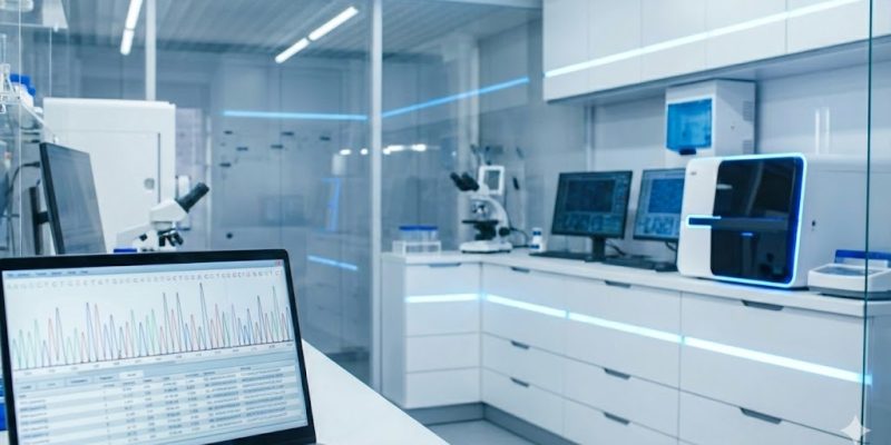Microbiologist selecting probiotic strains for custom supplement formulation in a GMP laboratory.