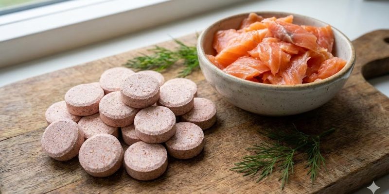 Salmon flavored chewable tablets for pet skin and coat support.