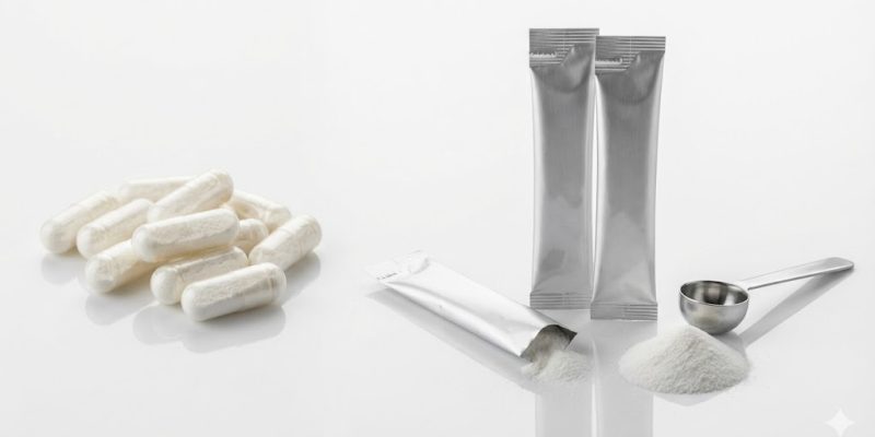 Acid-resistant vegetarian probiotic capsules and individual powder stick packs displayed in a manufacturing setting