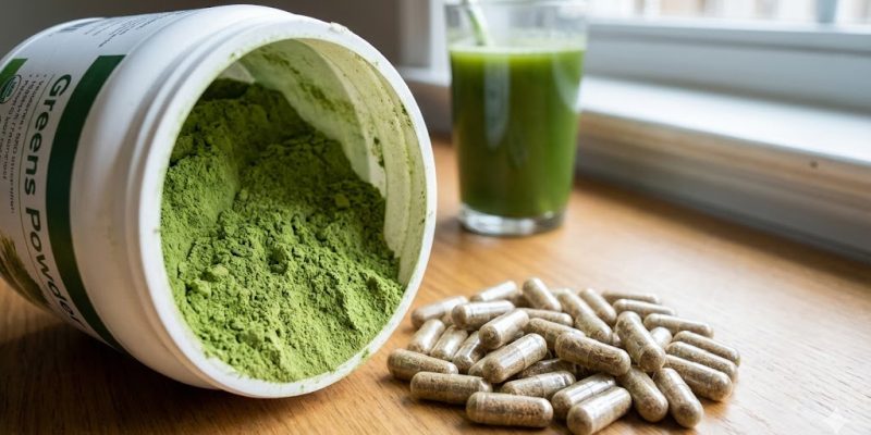 Private label superfood greens powder in jars and vegetarian herbal capsules.