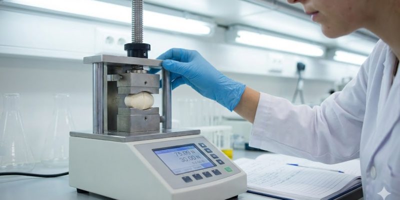Quality control technician performing tablet hardness and disintegration testing on joint support supplements.