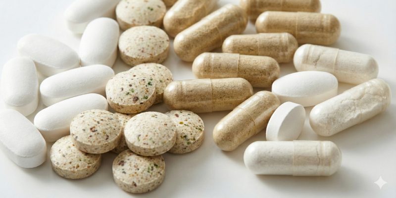 Various vitamin dosage forms including pectin gummies, vegetarian capsules, and compressed tablets manufactured in the USA