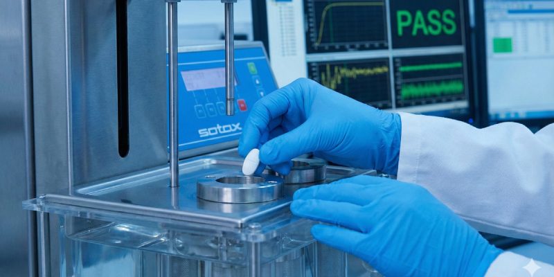 Quality control technician performing rigorous purity and potency testing on vitamin supplements to ensure FDA and GMP compliance